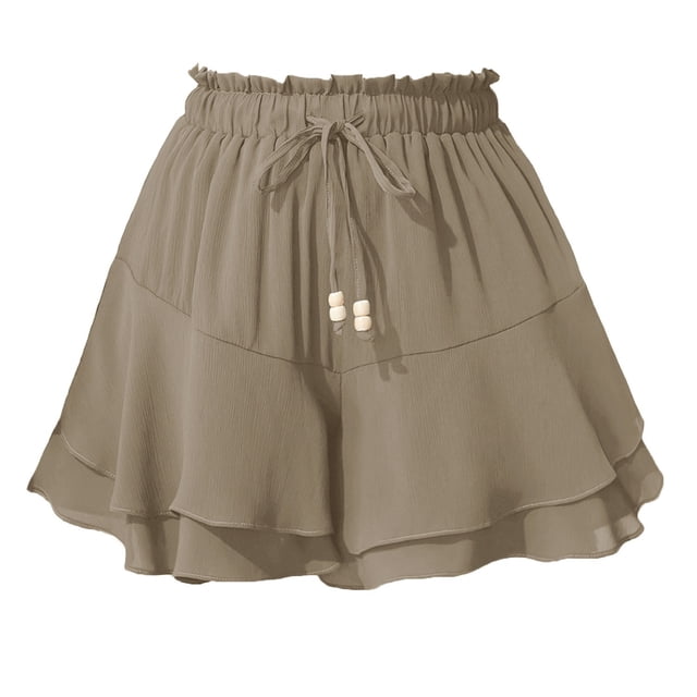 Pantalones de falda con volantes de doble capa for mujer, con cintura elástica y cordón, pantalones de falda informales antiexposición deportivos