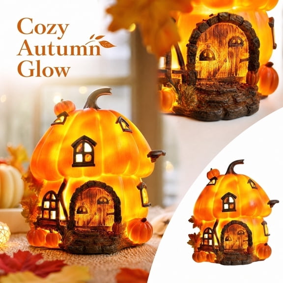 Halloween Decor DIY Battery Operated Lighted Thanksgiving Village House, Handcrafted Wood Autumn Harvest Tabletop Decor, Indoor Fireplace Kitchen Shelf Ornament, Fall Home Holiday Gift (Wood Harvest