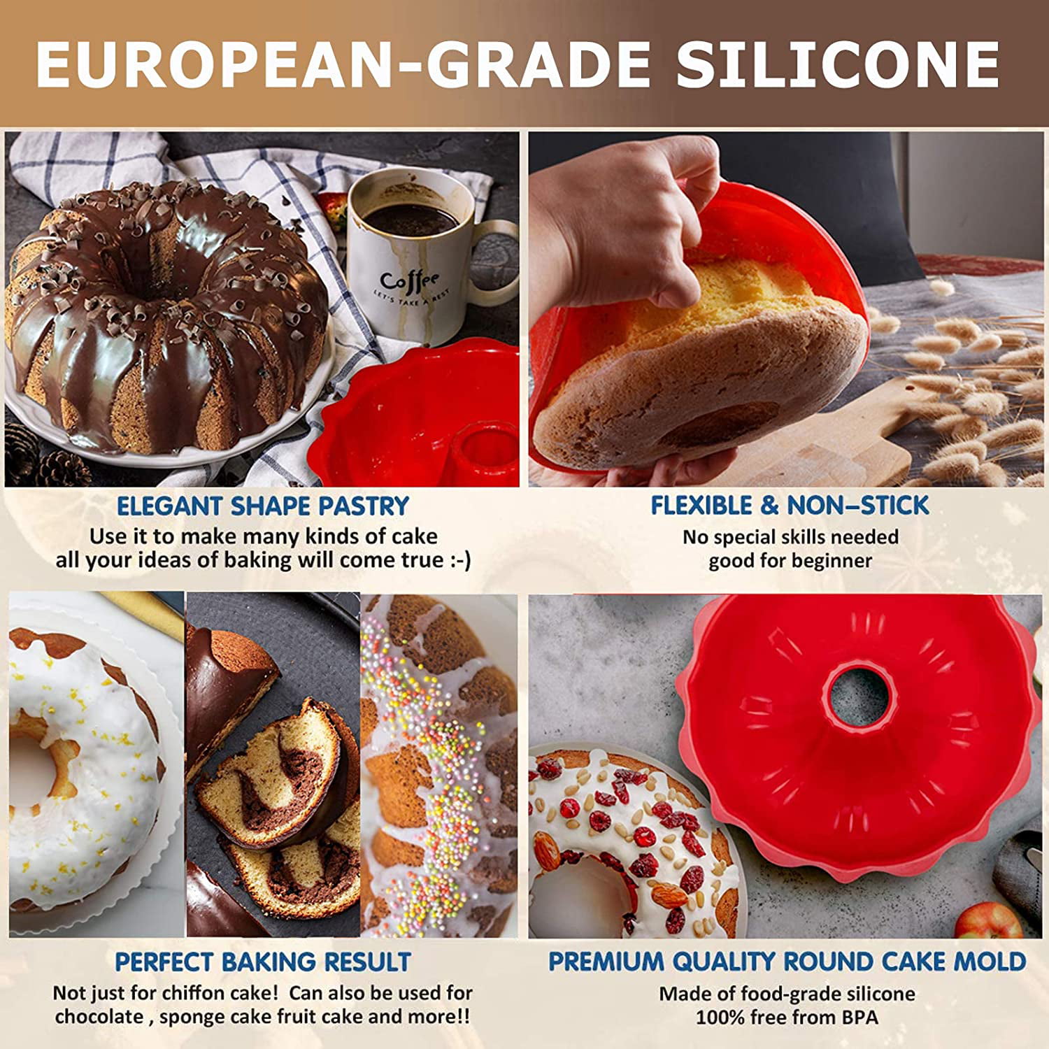 Mity rain Mini Cake Pan - Silicone Fluted Tube Cake Pans European Grade Non  Stick Fancy Molds for jello, Cupcake, Doughnut Donut, Cornbread, Brownie