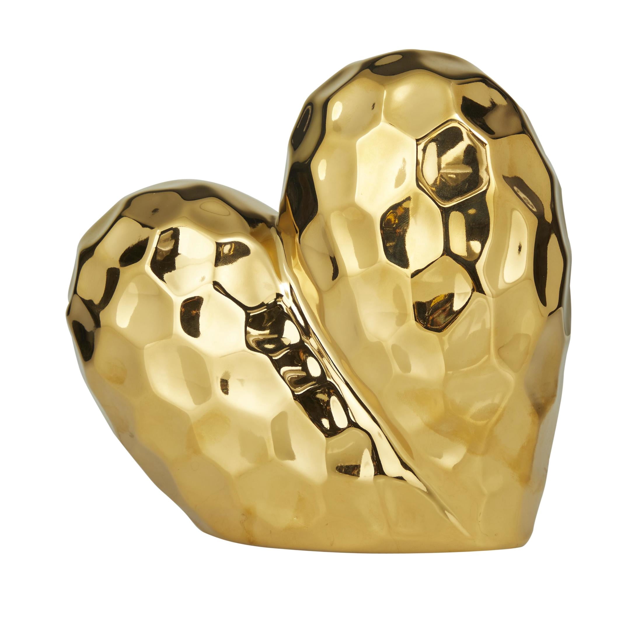12" x 11" Gold Porcelain Ceramic Dimensional Origami Inspired Angled Heart Sculpture with Faceted Exterior, by DecMode