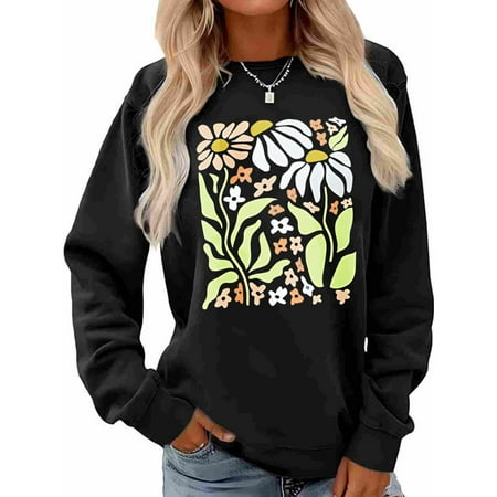 Woman Crew Neck Sweatshirt Bohemian Floral Graphic Shirt Casual Long Sleeve Top