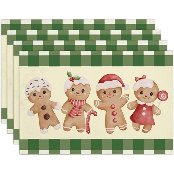 Gingerbread Candy Christmas Placemats for Dining Table, Beige Cotton Linen Table Mats Set of 4, 12x18 Inch Seasonal Winter Christmas Holiday Kitchen Party Decor Home Decoration