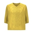 thumbnail image 5 of Dazajoo Women Cotton Linen Embroidered Tops 3/4 Lantern Sleeve Shirts 2025 Summer Loose V-Neck Boho Tees Vintage Blouses,Yellow,M, 5 of 6