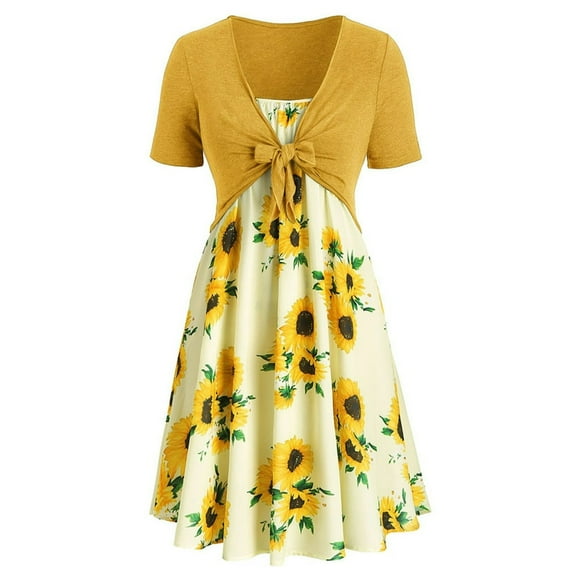Women Short Sleeve Bow Knot Bandage Top Sunflower Print Mini Dress Suit Dress