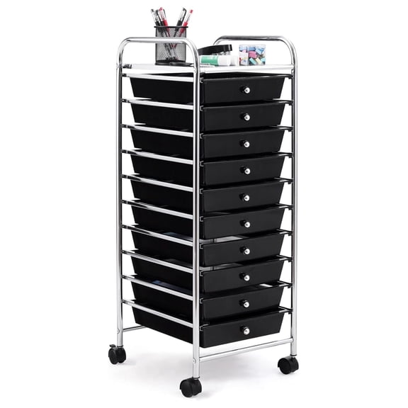 10-Drawer Rolling Cart, Mobile Storage Organizer for Home Office, School, Crafts - Black Utility Cart w/ Wheels