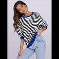 thumbnail image 4 of Sudaderas A Rayas para Mujer, Camisetas de Larga con Cuello Redondo de Gran Tamaño, Jersey Y2K, Ropa de Moda de Otoño Azul L, 4 of 9