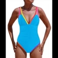 thumbnail image 3 of Traje de Baño de una Pieza para Mujer 2025 con Control de Abdomen, Diseño de Bloques de Color Neón, Cuello en V Profundo y Adelgazante Azul L, 3 of 8