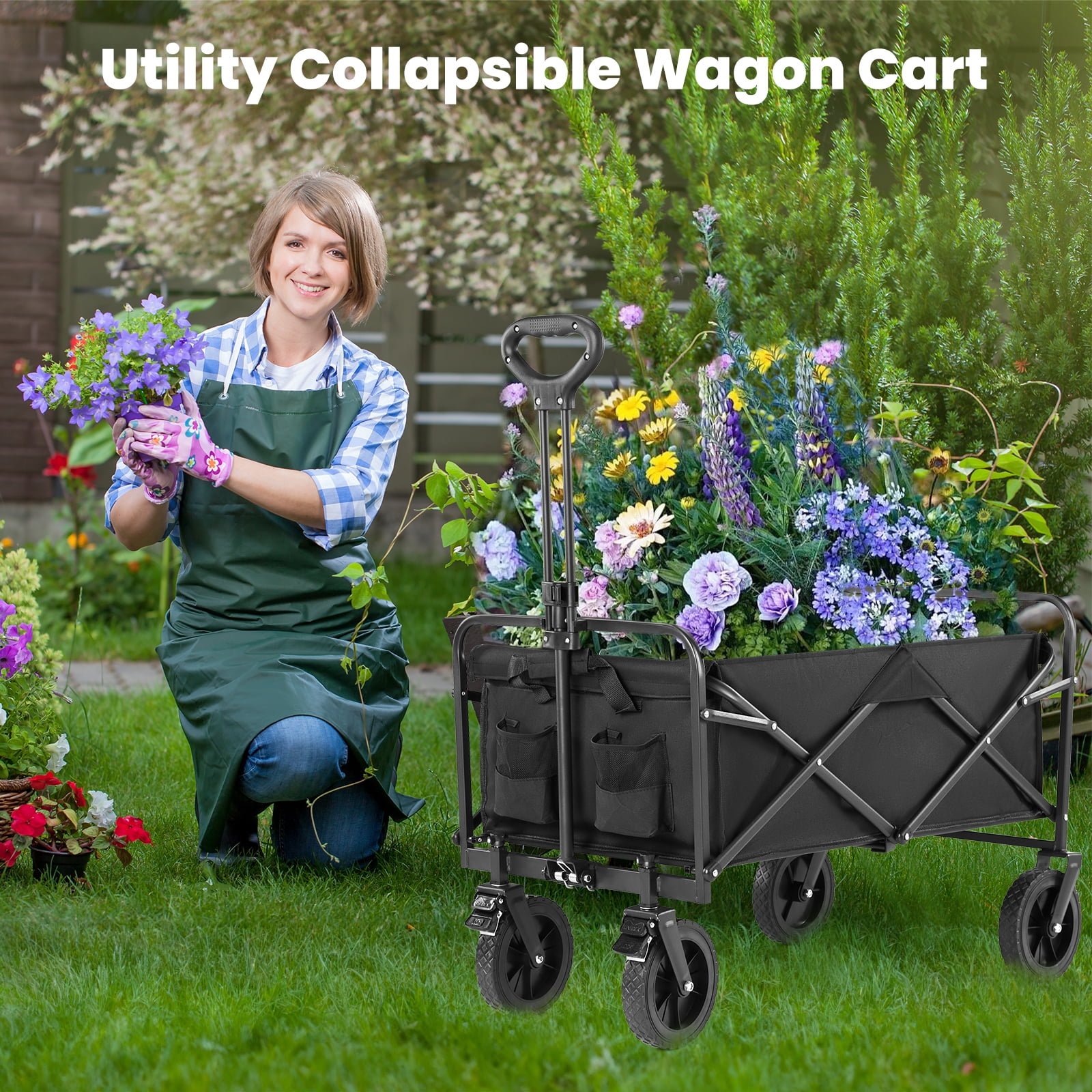 AENKYO Collapsible Folding Wagon, Heavy Duty Beach Cart, 350lb Weight Capacity for Sports and Camping