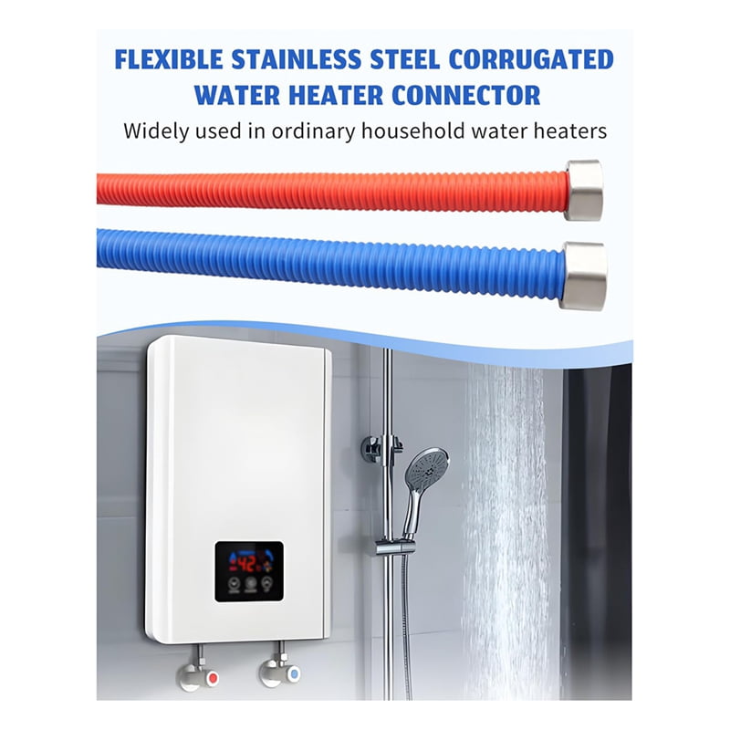 Flexible Stainless Steel Corrugated Water Heater Connector, Hot and Cold Color Water Heater Hose, 1/2inch FIP