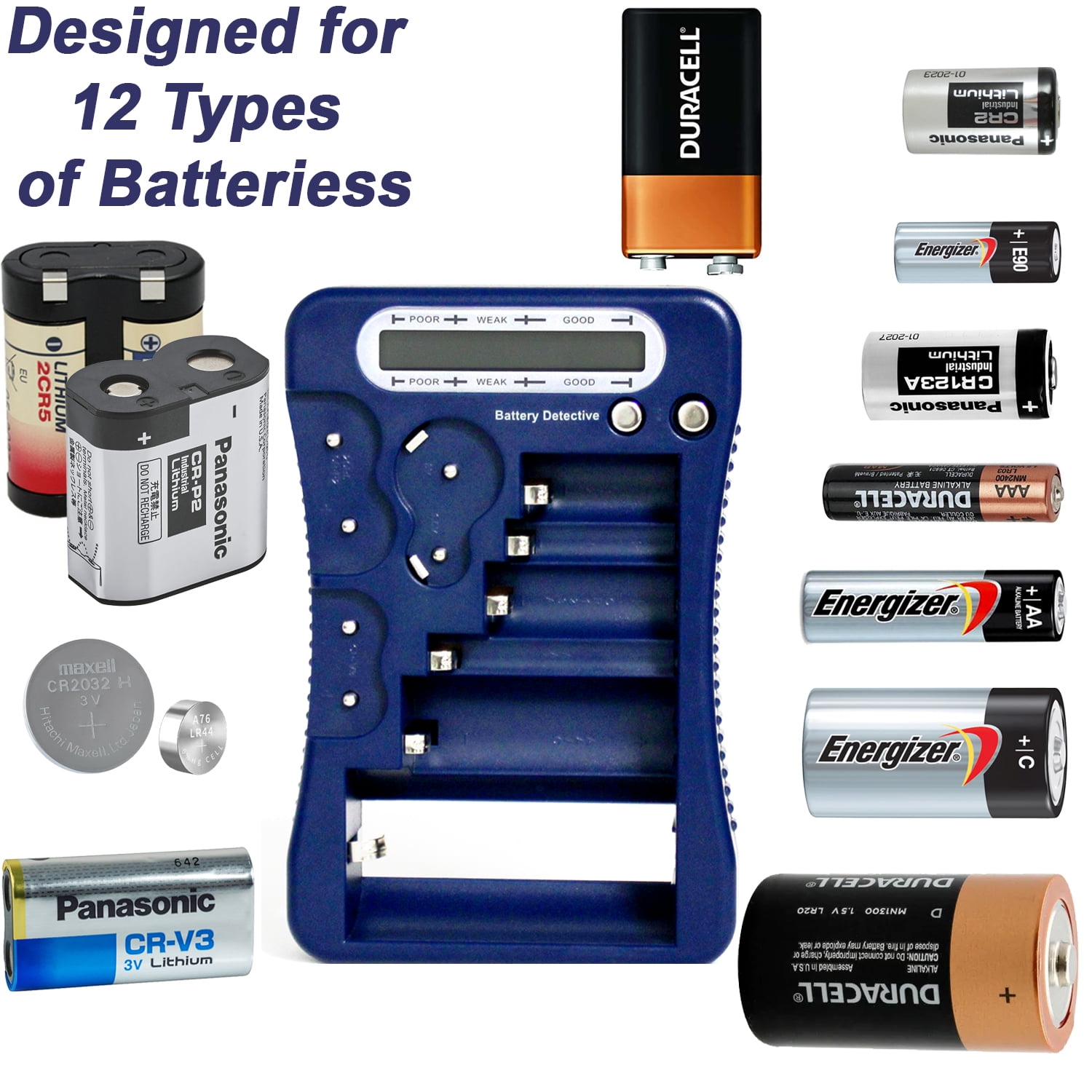 Battery Detective 12 Type Battery Tester (Blue) with LCD Display for Household Batteries AA AAA C D 9V CR2032 CR123A N/LR1 CR2 CR-V3 2CR5 CR-P2 1.5V/3V Button Cell Batteries +AAA Batteries (36-Pack)