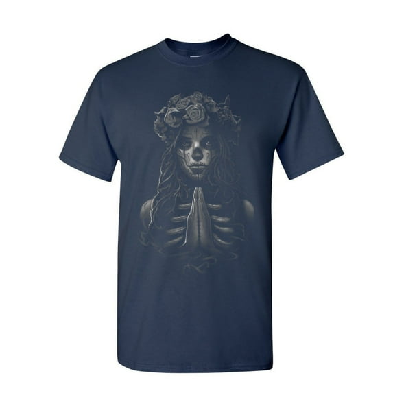 Tee Hunt Pray Girl T-Shirt Calavera Day of The Dead Dia de Los Muertos, Navy Blue, X-Large