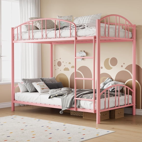 Metal Bunk Bed Twin Over Twin, Heavy Duty Bunkbeds Frame with Arched Guardrail and Safety Ladder, Sturdy Steel Bed for Kids Boys Girls, Space-Saving, No Box Spring Needed, Modern Pink