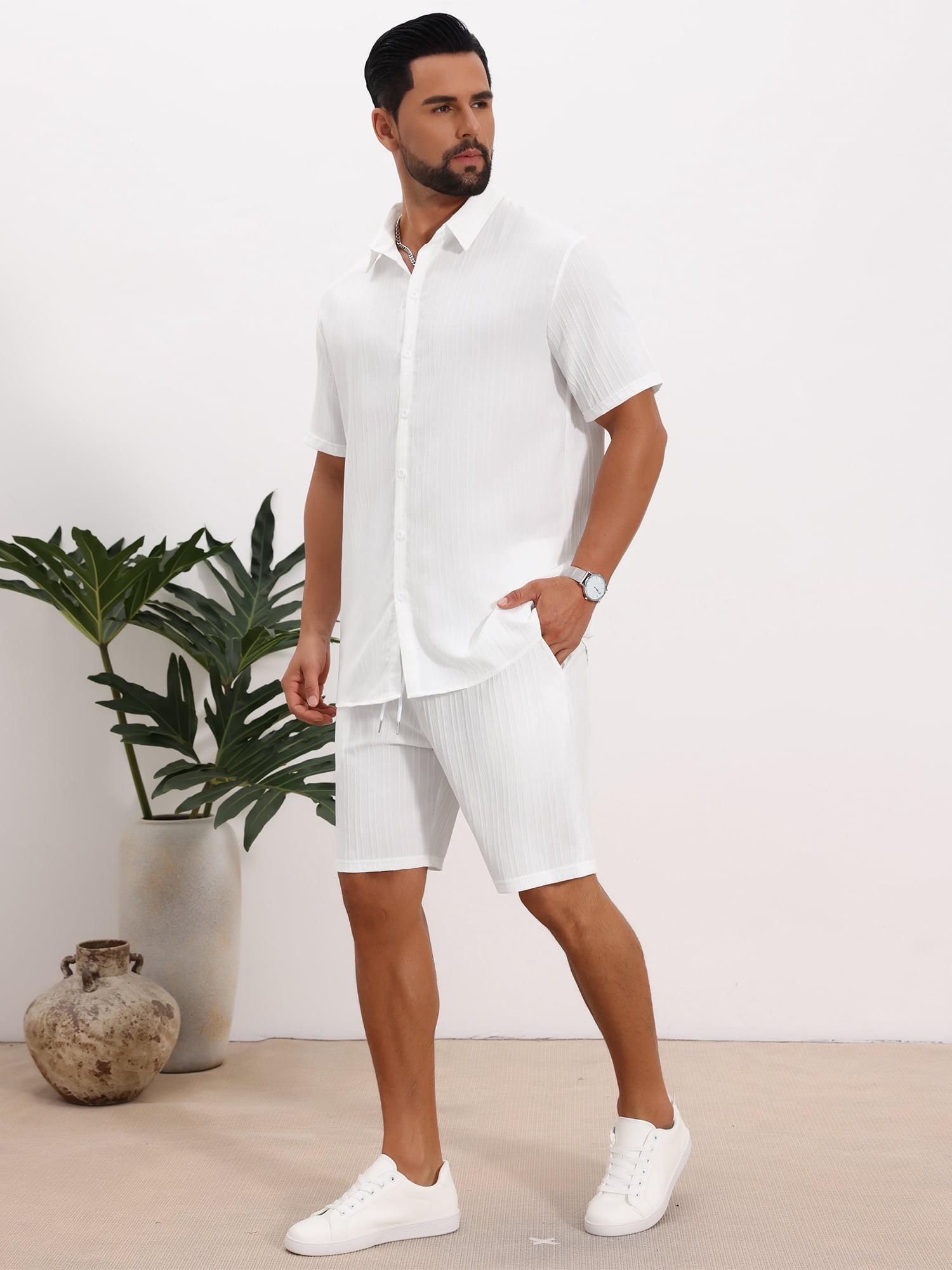 DARING DIVA Men's 2 Pieces Beach Shirt & Shorts Striped Textured Outfits XL White