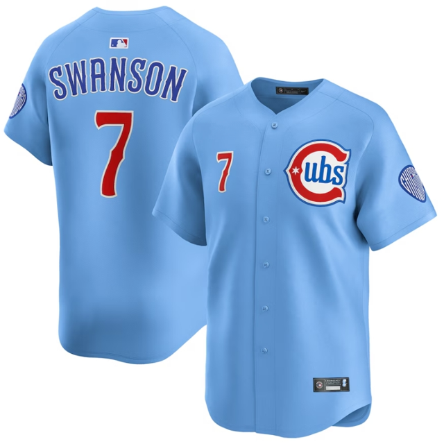 Camiseta clásica de béisbol azul claro de Dansby Swanson de los Chicago Cubs, con número de estrella bordado.-M