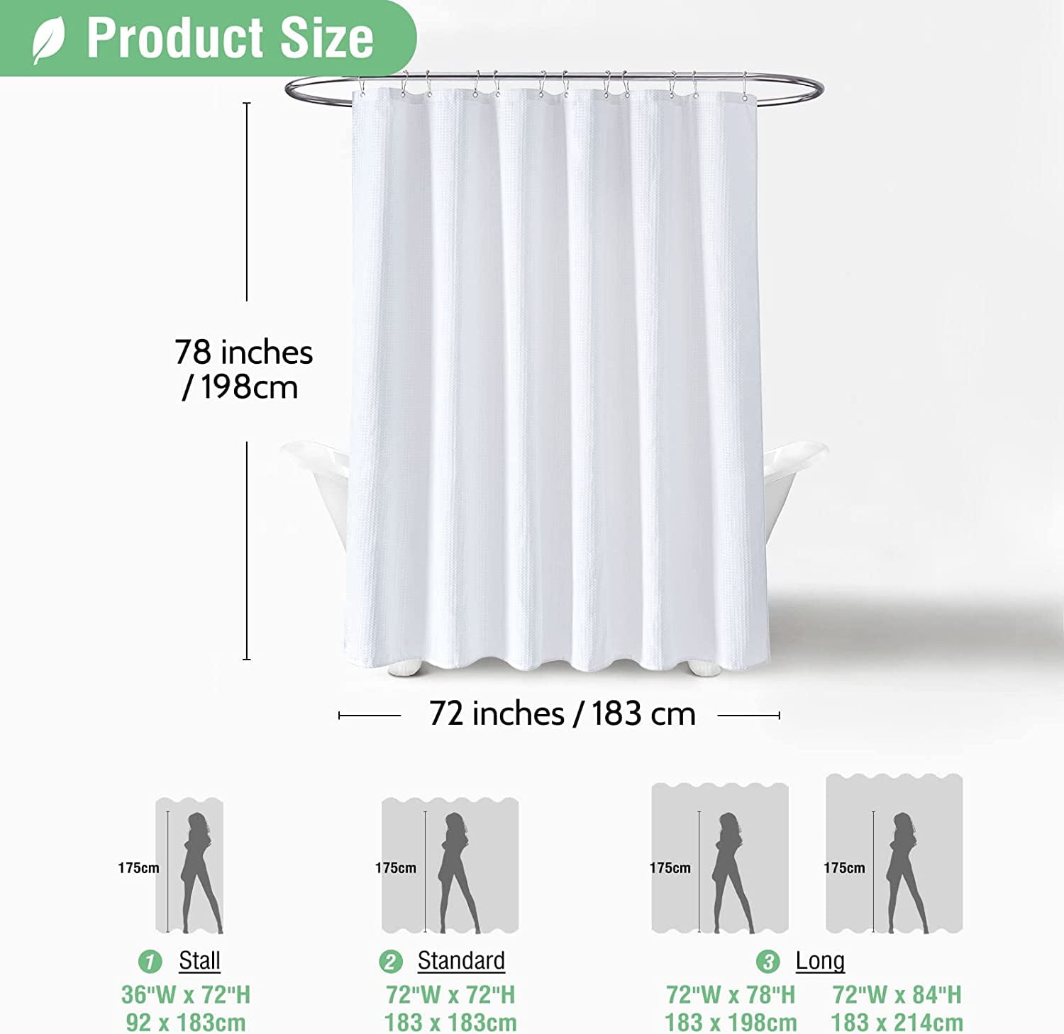 CAILDANL Green Shower Curtain - Waffle Textured Heavy Duty Thick Fabric Shower Curtains for Bathroom, 256GSM Luxury Weighted Polyester Cloth Bath Curtain Set with 12 Plastic Hooks，72Wx72H,Green
