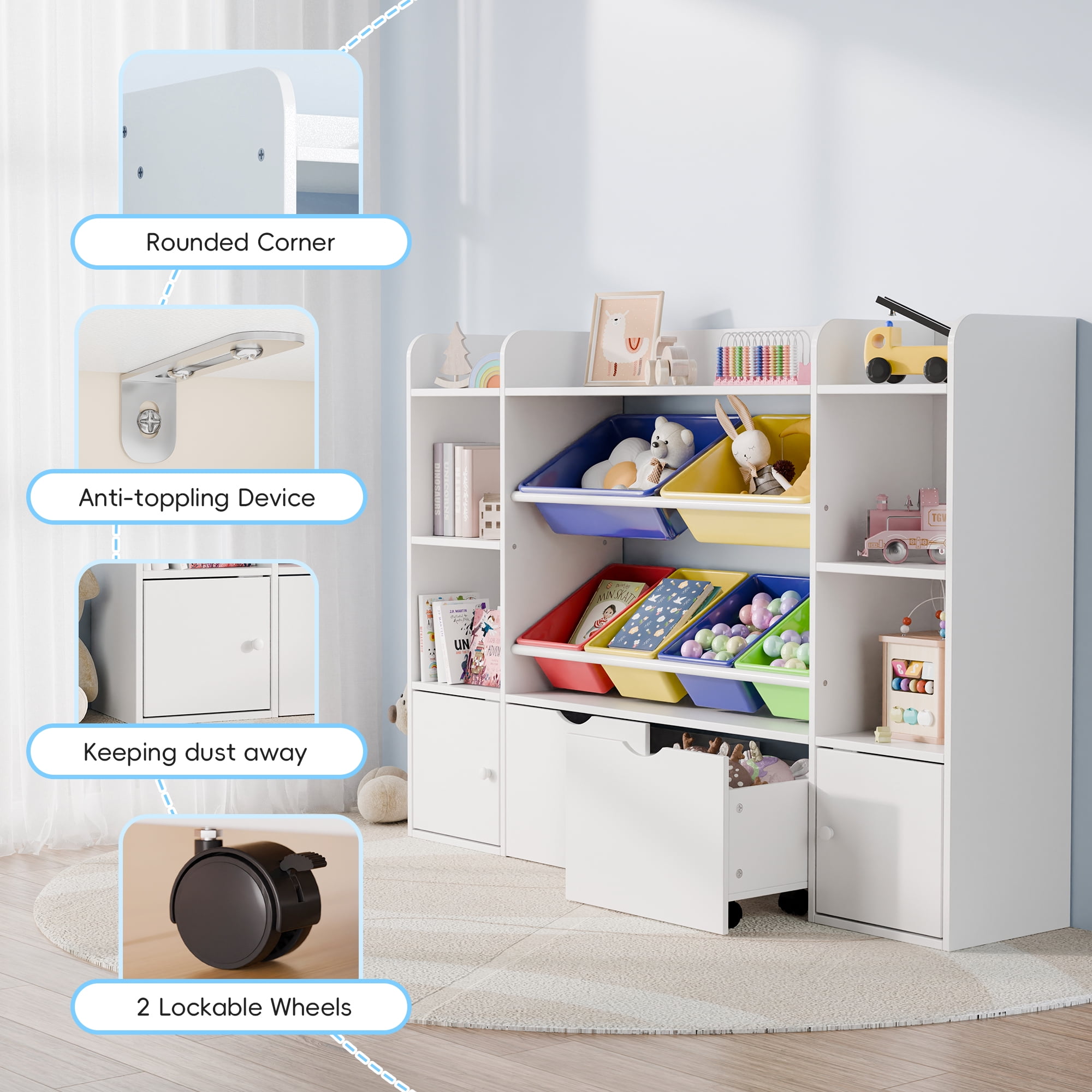 Reasea 6-Bin Toy Storage Organizer for Kids – 4-Tier Bookshelf with 6 Removable Cubbies & 2 Movable Drawers, Kids Toy Shelf for Playroom, Bedroom, Multicolor
