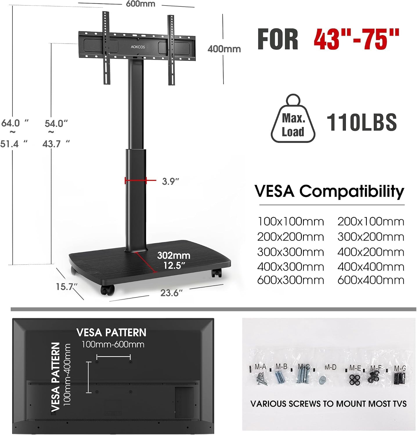 AOKCOS Rolling TV Stand for 43–75 Inch TVs, Black, Swivel & Tilt, Height Adjustable