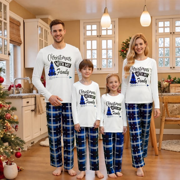 AIGUR Family Matching Christmas Pajama Set Matching Christmas Pajamas for Family Long Sleeve Tree Graphic Tops Plaid Pants Set Loungewear