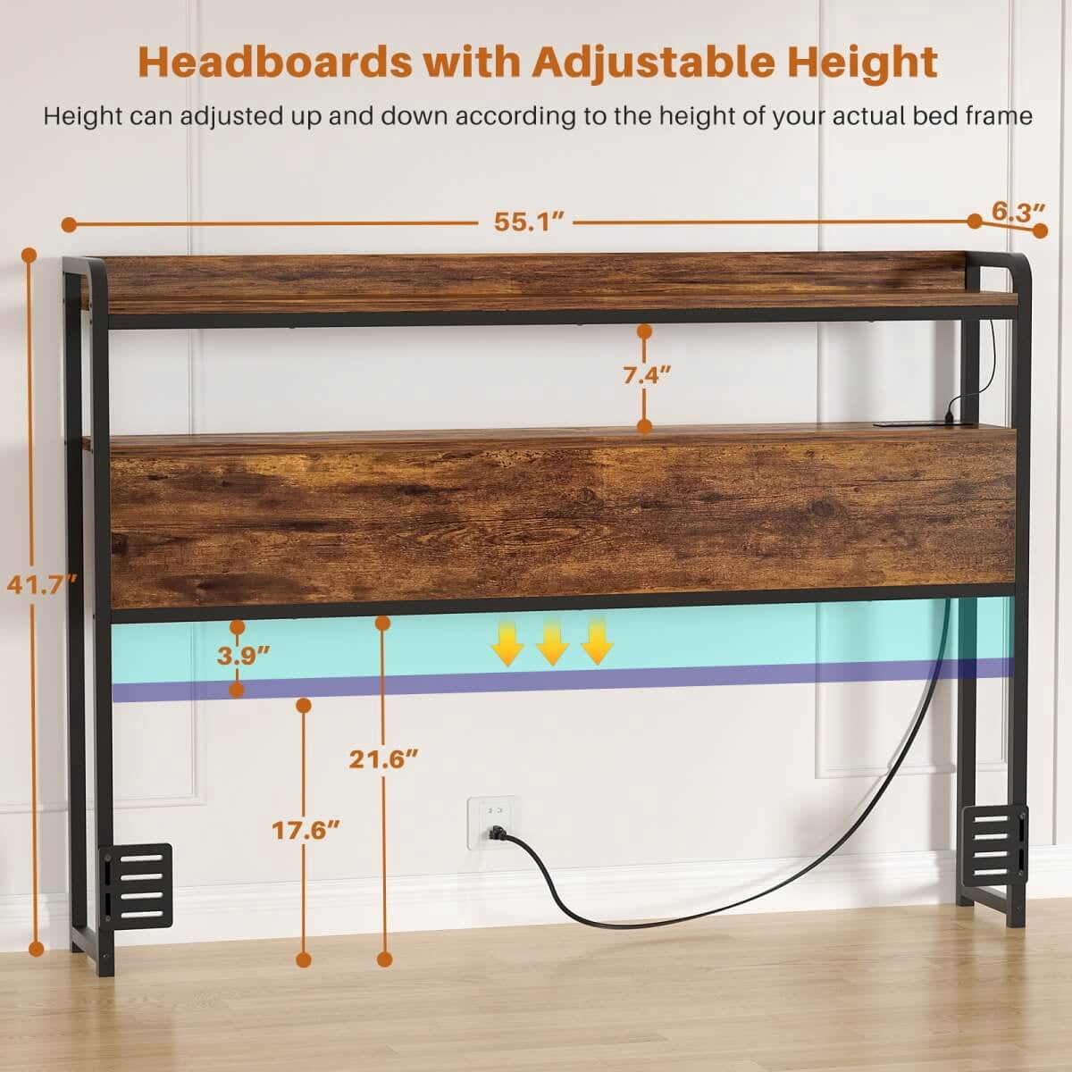 Homieasy Headboard for Full Size Bed Frame, Headboards with Outlets, USB Ports and LED Light, Head Board with Storage, Height Adjustable, Sturdy and Stable Headboard, Black Oak