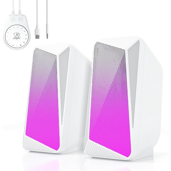 C30 Bluetooth Computer Speakers, 2.0 PC Speakers USB Powered & 3.5mm Aux Speaker with Easy-Control Pod, Pulsing & LED Flame Lights, Desktop Speaker for Monitor Laptop - White