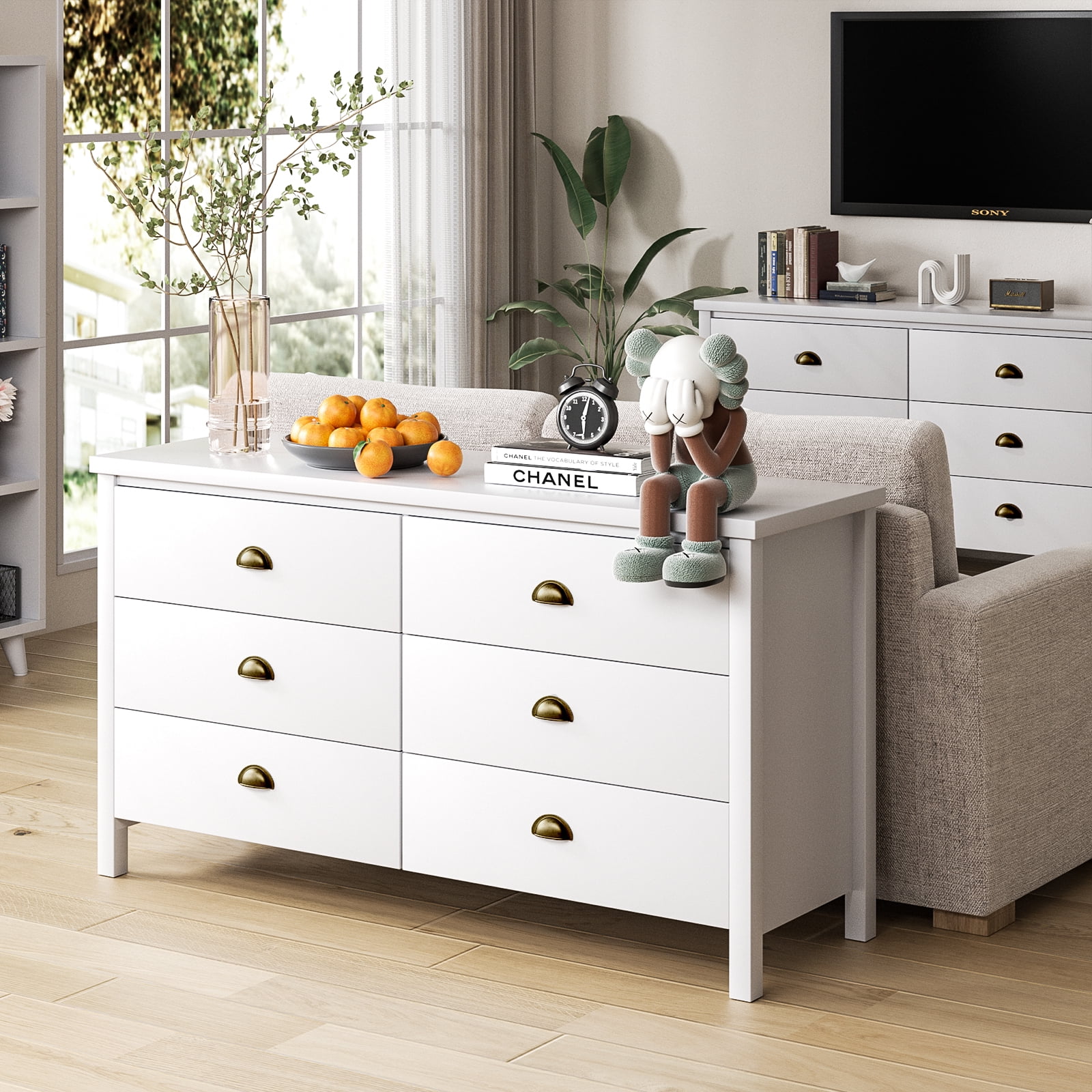 Nathaniel Home 6 Drawer Double Dresser with Legs, Modern Chest of Drawers, Large Capacity Storage Cabinet for Bedroom, Rustic Dresser for Hallway White