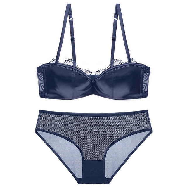 Conjunto de sujetador y ropa interior de encaje sexy para mujer, de algodón fino en los laterales, con media copa y parte superior de tubo fruncida