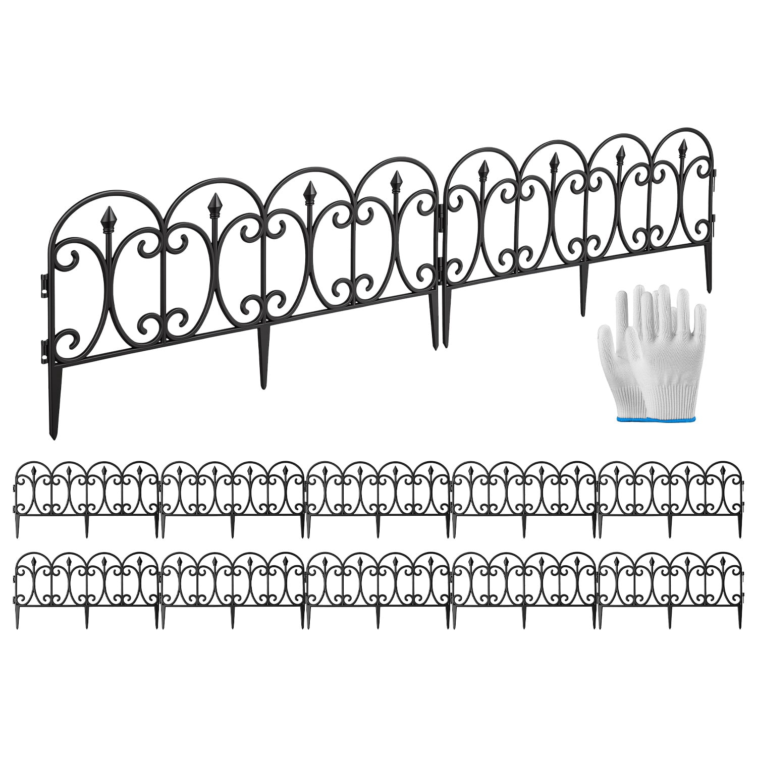Moclever 10Pcs Garden Decorative Lawn Edging Border, 19.3ft No-Dig Plastic Garden Border Fence with Gloves, Black