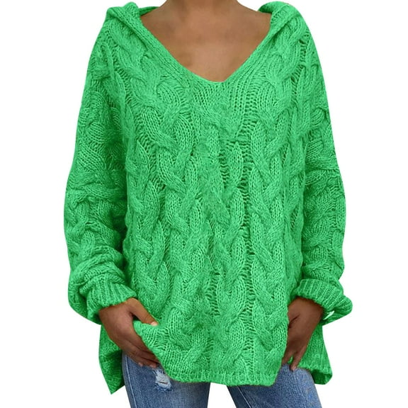 Duoif Sweaters for Women Trendy Women's Sweater Long Sleeve Hooded V Neck Knit Loose Pullover Women's Sweaters Womens Tops Green L