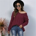 thumbnail image 4 of Women Striped Knitted Sweater with Hooded V-Neck Long Sleeve Casual Pullover Lady Loose Fit Warm Jumper Top Wine Red M, 4 of 9