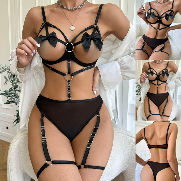 Hfyihgf Sexy Lingerie Set for Women Cut Out Bra and Panty Strappy Push Up  Lingerie Set with Garter Leg Ring Mesh Sleepwear(Black,S) 