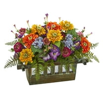 Nearly Natural Mixed Floral 14" Artificial Plant in Rectangular Wood Planter (Multicolor)