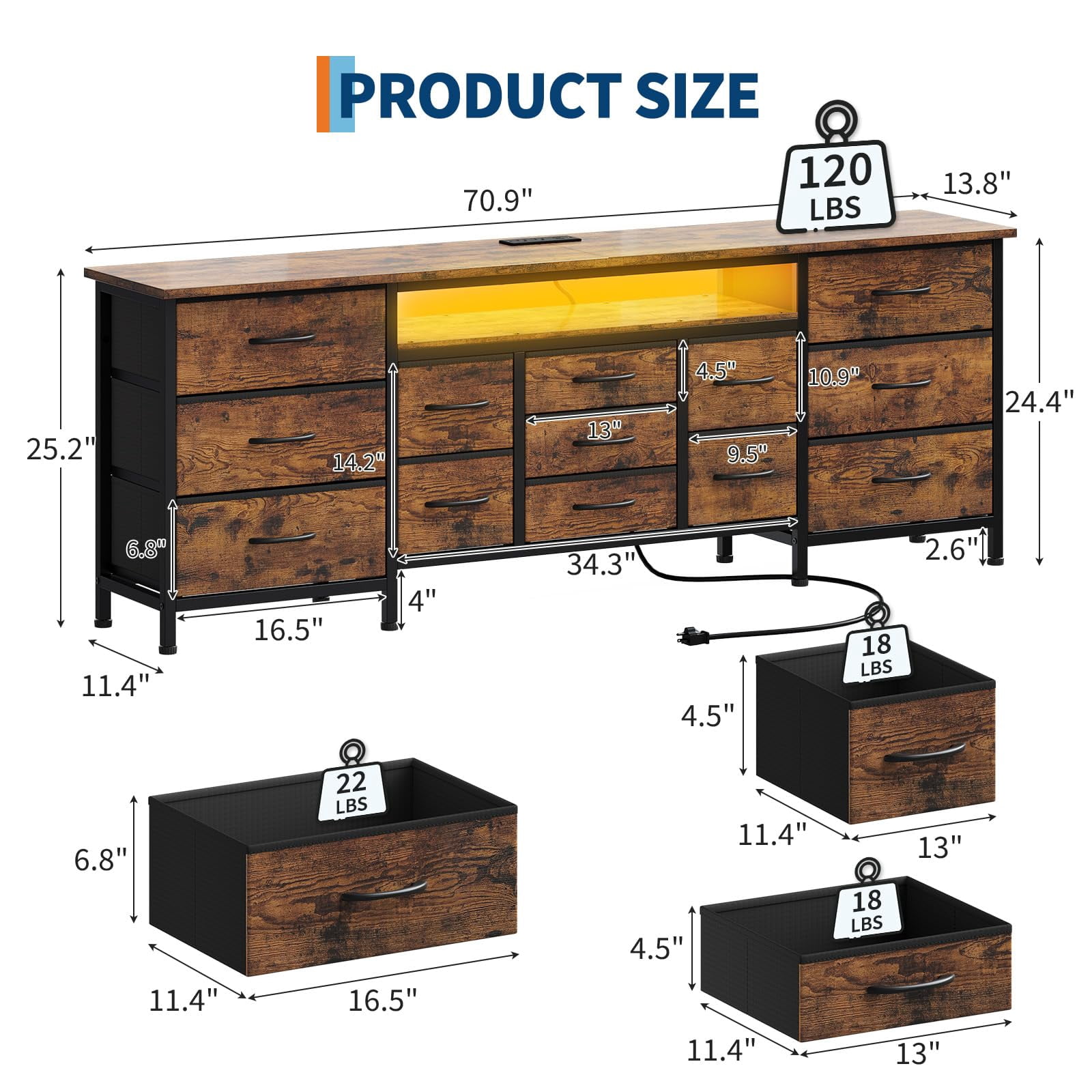 CuisinAid 70-Inch Long Dresser for Bedroom 13 Fabric Drawers Dresser with LED Lights and Power Outlets TV stand,Brown