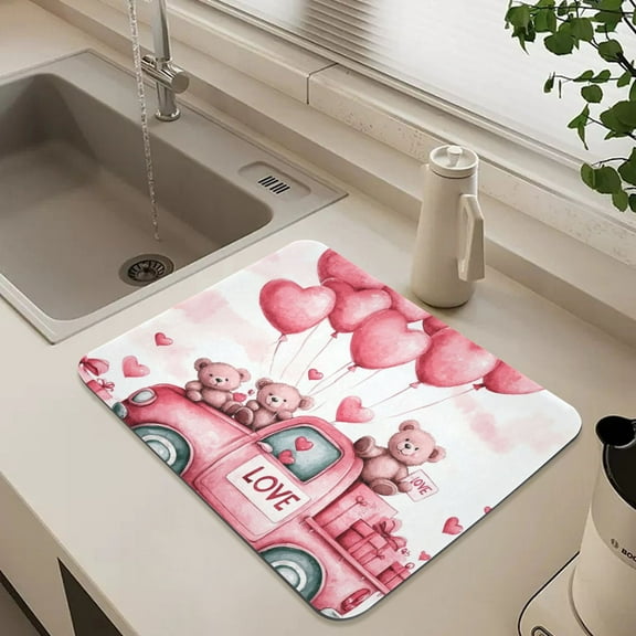Valentine's Day Bear Dish Drying Mat for Kitchen Counter Absorbent Drainer Mats (15.7X11.8Inch)