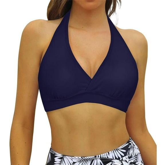 EliteGoogv Women One Piece Bikini Top Halter Neck Triangle Style Wrap Front Ruched Removable Pads Solid Color Sexy Modest Swimwear Top Separates,Dark Blue,M