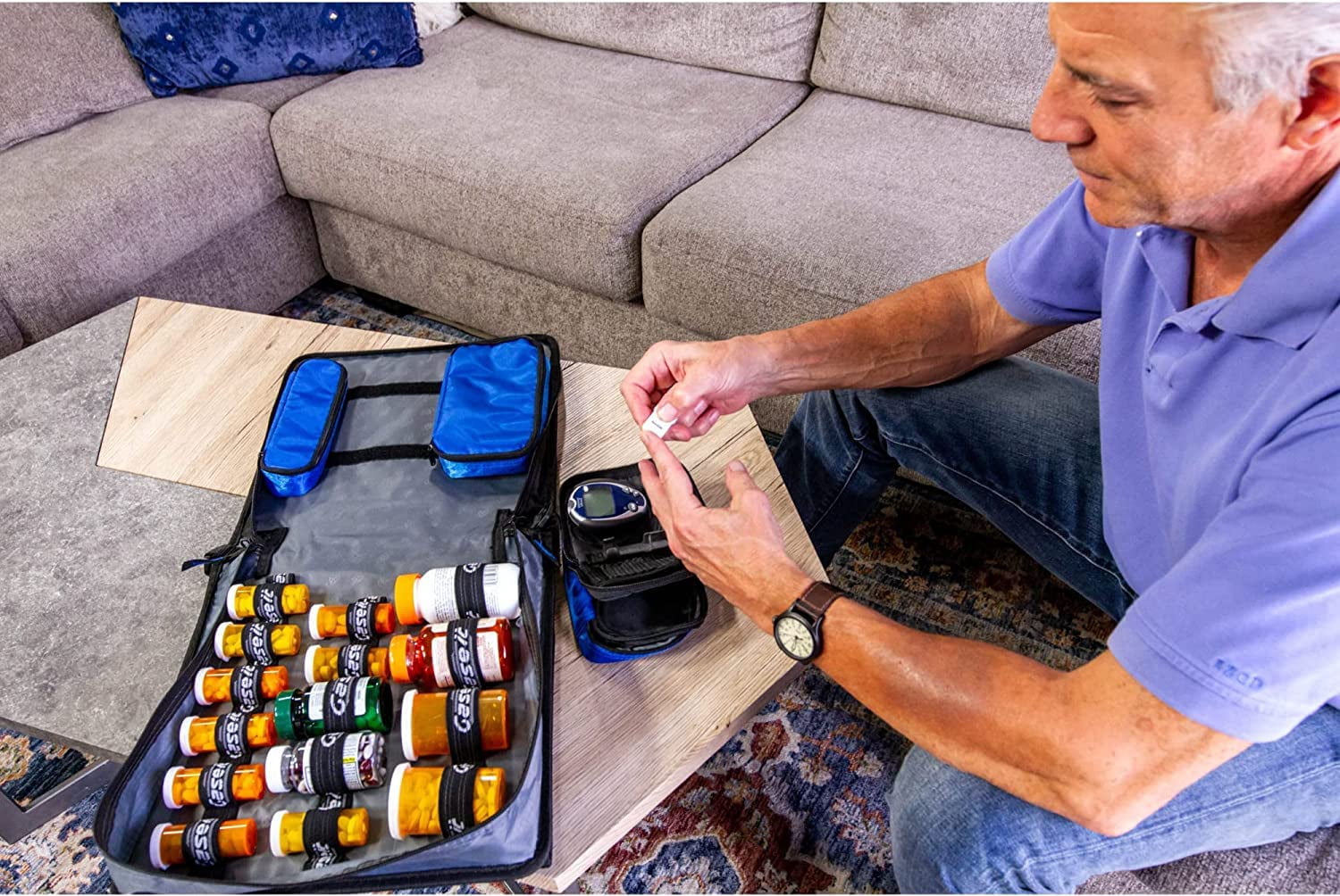 Med Manager Medicine Supply Organizer with Insulin Cooler Travel Case, Holds (15) Pill Bottles - (11) Standard Size and (4) Large Bottles, Black, 13 inches x 13 inches x 4.5 inches