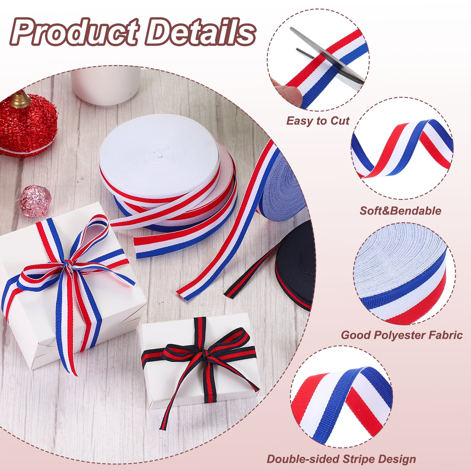 Uxcell 1" Red White Blue Striped Grosgrain Ribbon 55 Yard Polyester Stripe Ribbon
