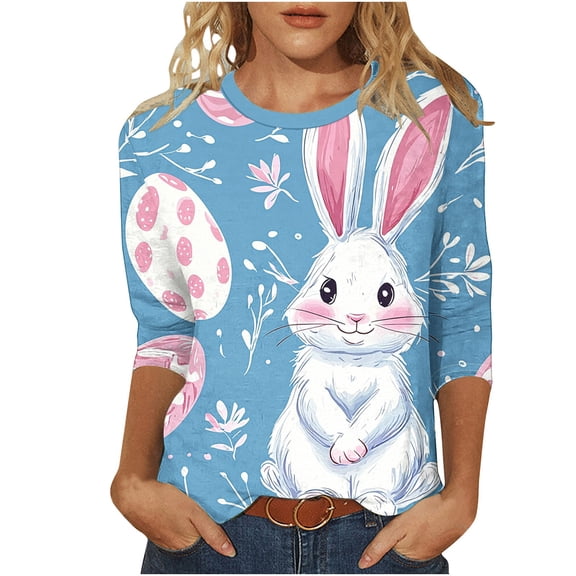 Womens Blouses Dressy Casual Summer,Easter Tops for Women 2026 Plus Size Bunny Rabbit Graphic T Shirts Casual Spring 3/4 Length Sleeve Blouses