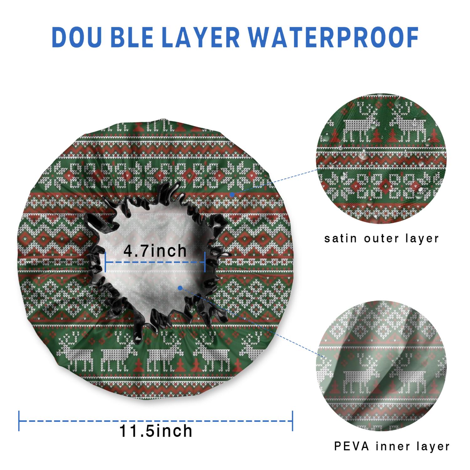 Shower Caps,Red and Green Christmas Reindeer Pattern Waterproof Shower Cap for Women 4 Pieces,Double Reusable Hair Cover for Shower PEVA Elastic Stretch Hem
