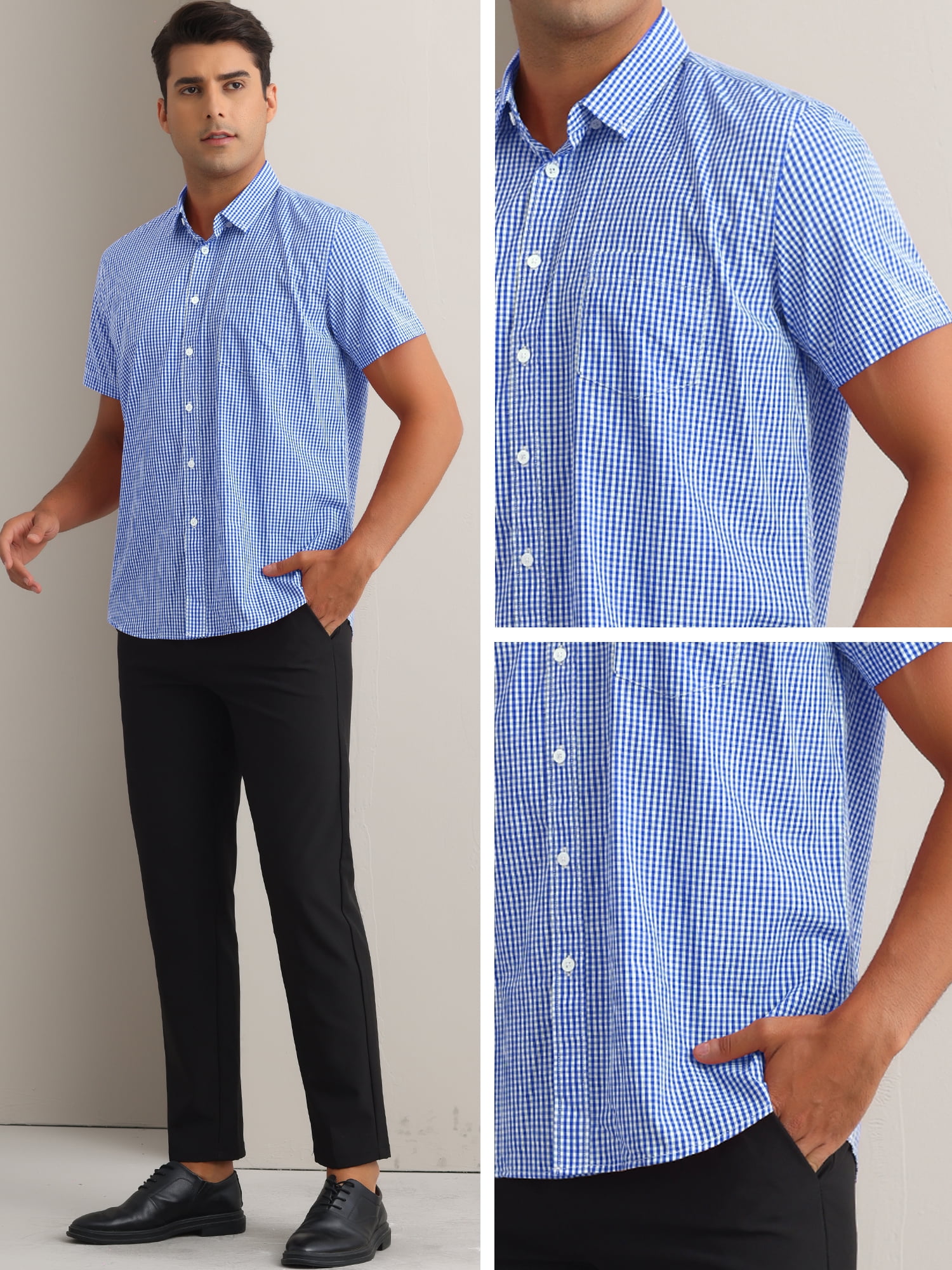 DARING DIVA Men's Gingham Tartan Button Short Sleeve Business Plaid Dress Shirt XL Cyan