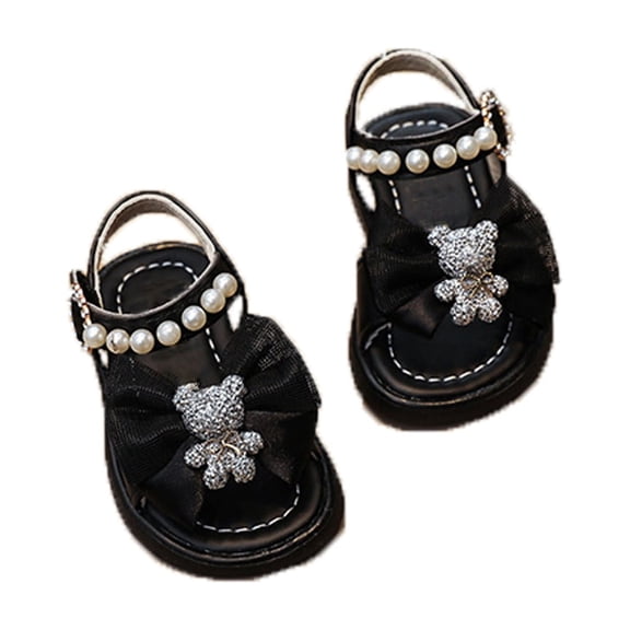 LNMQLPDBS Girls Dress Sandals Children Wearing Beach Shoes Pearl Decoration Soft Sole Dress Shoes Baby Girl Sandals 12-18 Months Cute Shining Bear and Lace Bow Decoration Flat Toddler Floor Shoes