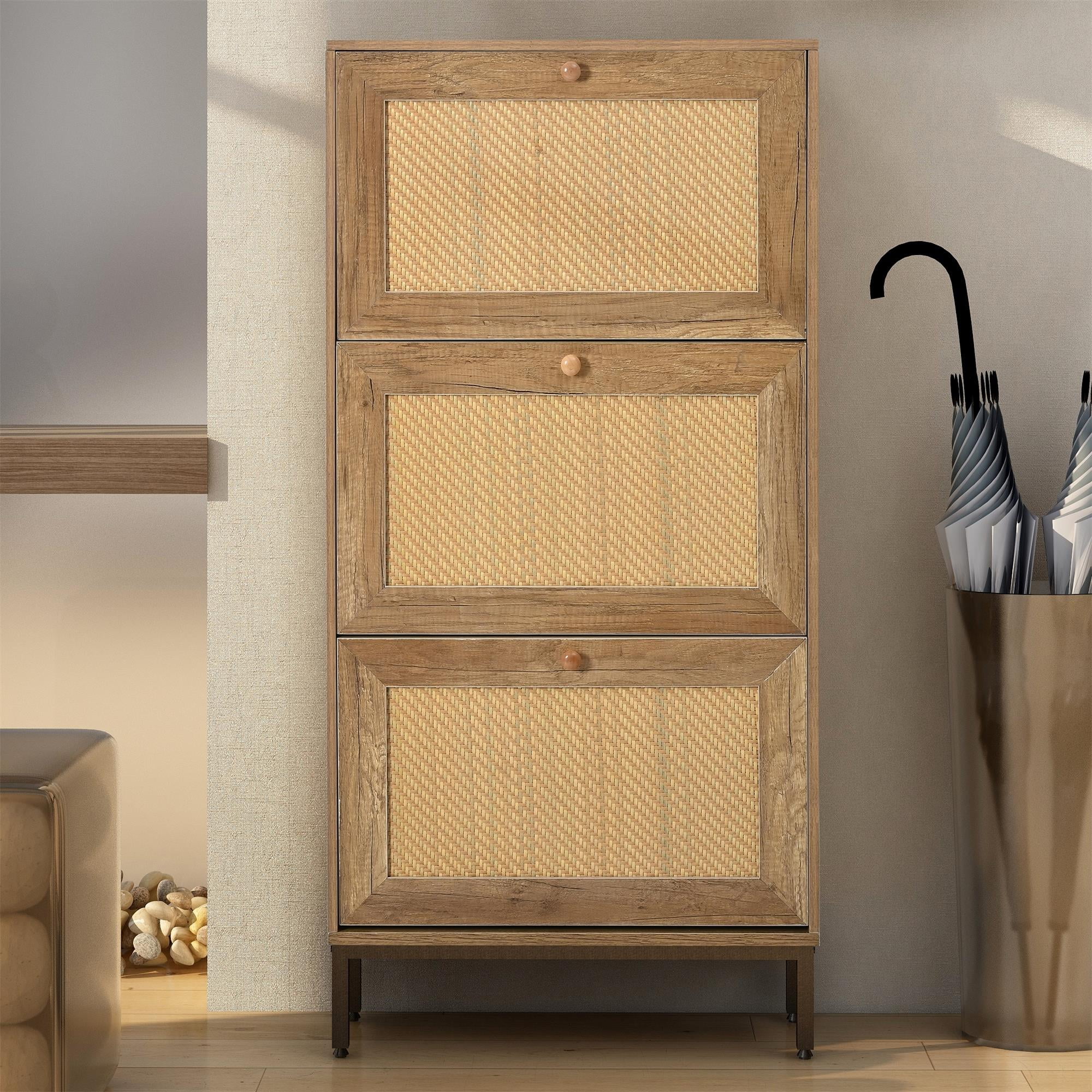 Kepooman Natural 3 Flip Drawer Shoe Cabinet, Rattan Shoe Rack Storage Organizerr with Metal Legs for Entryway Kepooman Natural 3 Flip Drawer Shoe Cabinet, Rattan Shoe Rack Storage Organizerr with Metal Legs for Entryway