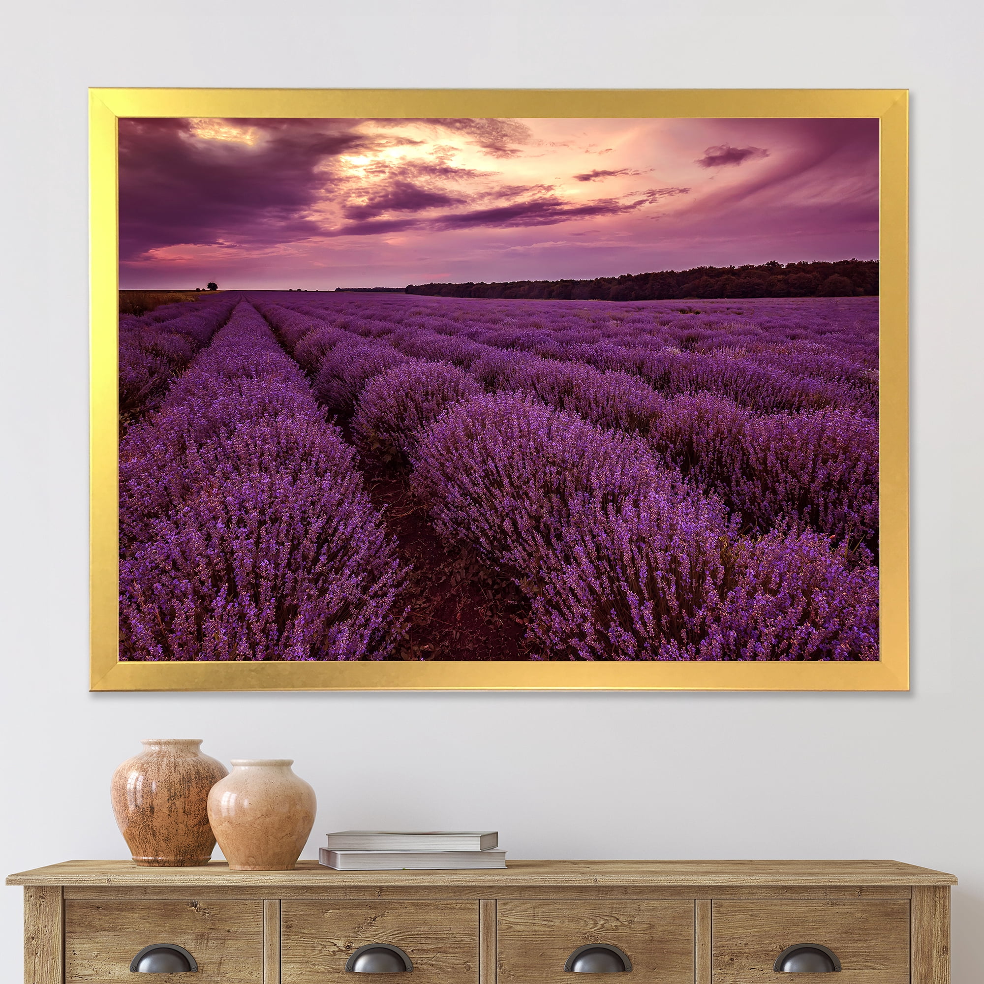Designart 'Dramatic Clouds and Sunrise Over Lavender Field III' Farmhouse Framed Art Print