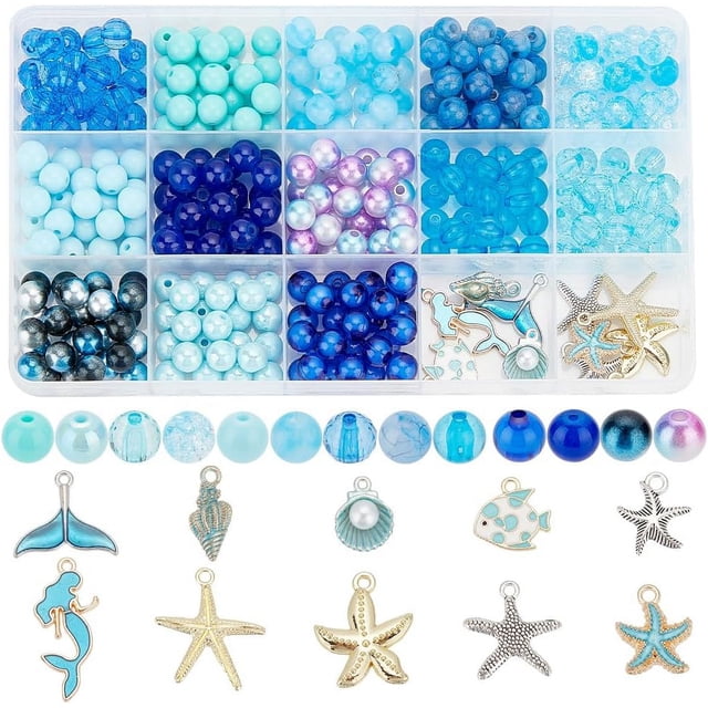345 cuentas azules con dijes de concha y estrella de mar, colgantes de cuentas de playa oceánica.