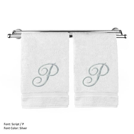 Personalized Embroidered Baby Gifts Monogrammed Hand Towel, Personalized Gift, 16 x 30 Inches - Set of 2 - Silver Embroidered Towel - Extra Absorbent 100% Turkish Cotton- Soft Terry Finish - For Bathroom, Kitchen and Spa- Script P White ()