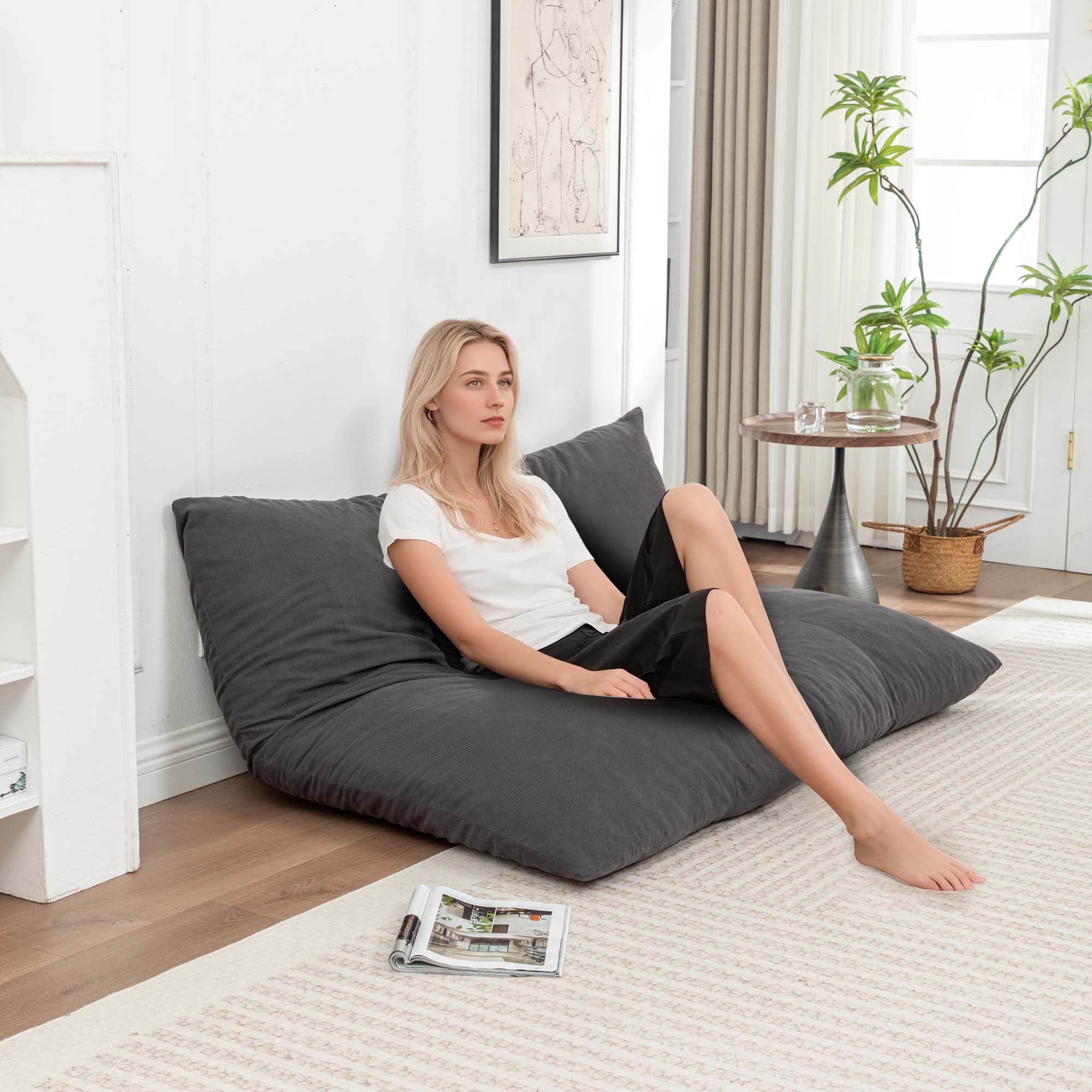 Miniyam 61" x 52" Floor Bean Bag Chair, Lazy Lounger for Living Rooms, Balconies, Leisure and Entertainment, Grey