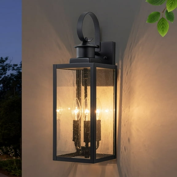 C Cattleya 19in. 3-Light Matt Black Outdoor Wall Lantern with Seeded Glass and E12 Base Socket