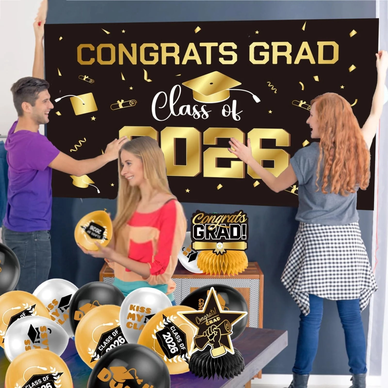 Graduation Party Decorations, 2026 Graduation, Black and Blue Balloons, Congrats Grad Banner, Graduation Cap Decorations, Photo Booth Props, 12 In, 15 Pc, Graduation 2026 Table