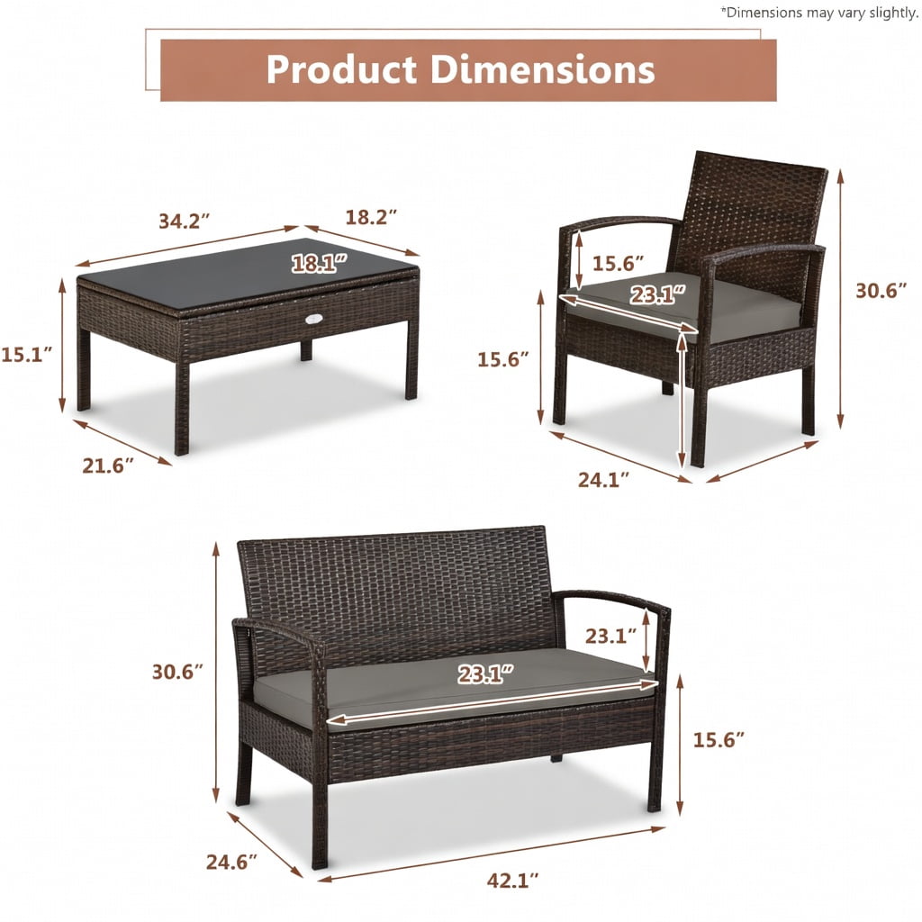 Hommoo 4-Piece Outdoor Rattan Patio Furniture Set, PE Wicker Loveseat, 2 Armchairs, and Coffee Table with Removable Cushions, Brown
