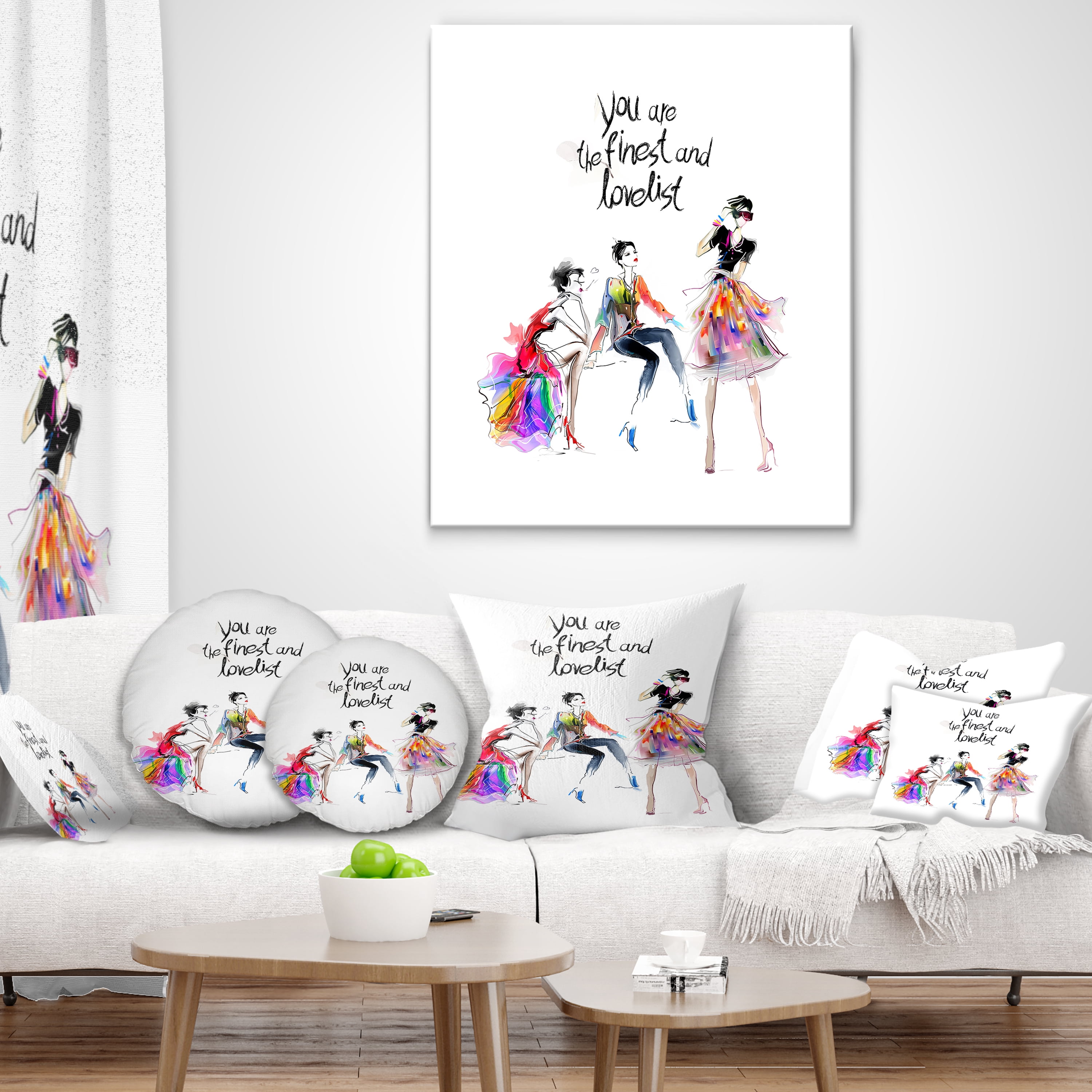 Designart Three Pretty Fashion Girls - Abstract Portrait Throw Pillow - 16x16