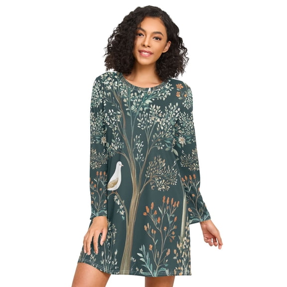 FORMRS Womens Long Sleeve Nightgowns Crew Neck Sleep Shirt Soft Pajamas Sizes S-3XL, Floral Forest Scene